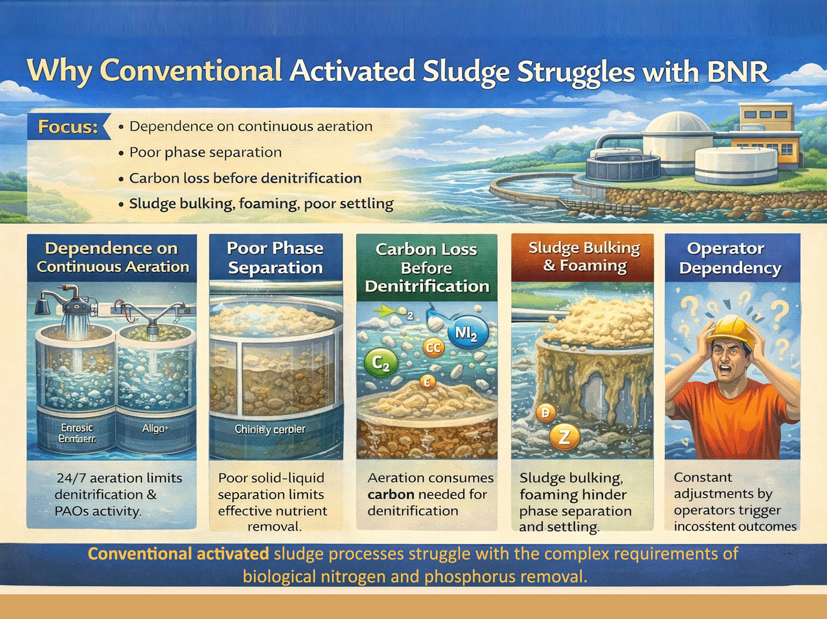 Activated sludge STP limitations showing why conventional systems struggle with BNR and nutrient removal.