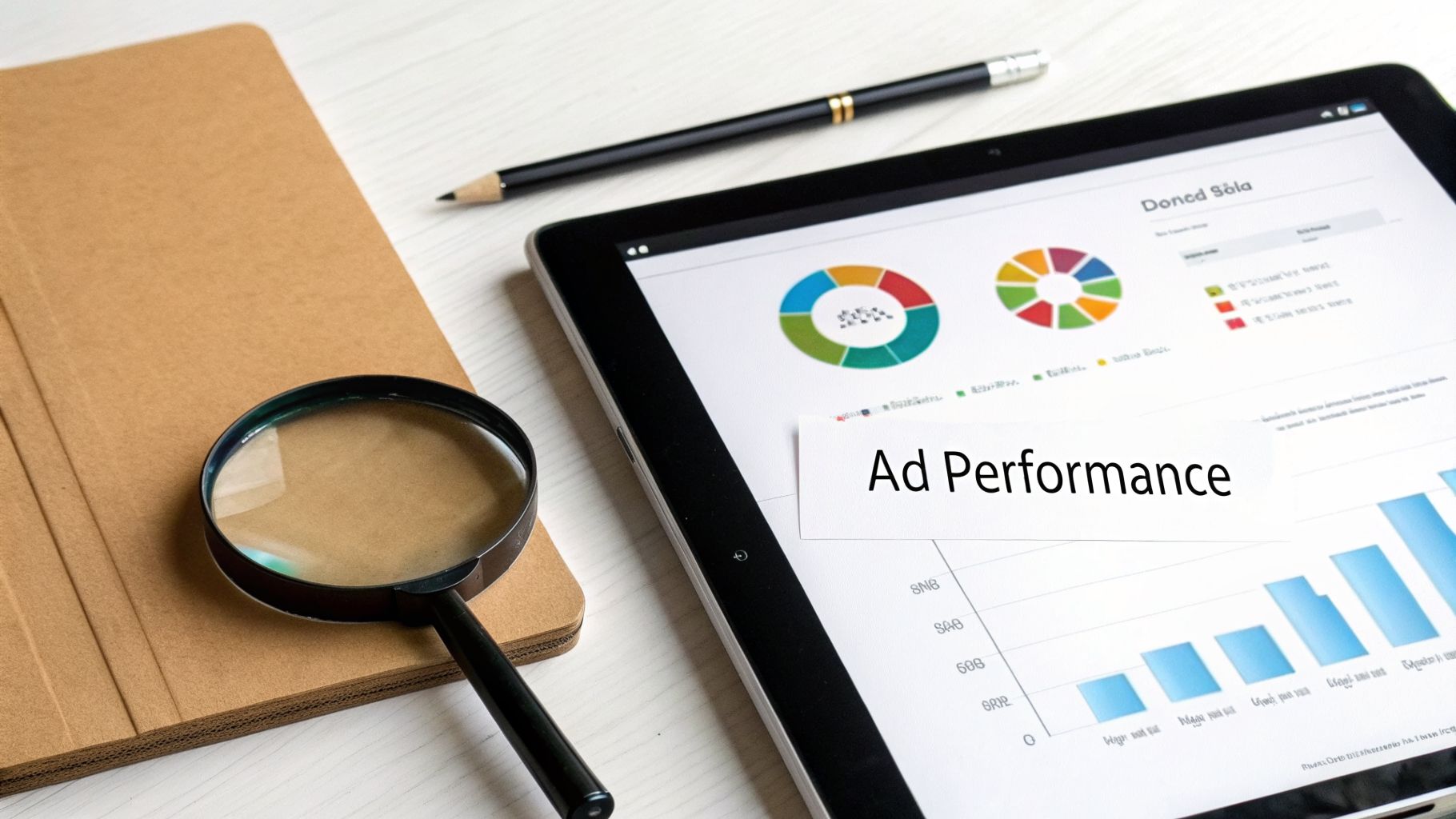 A tablet shows 'Ad Performance' data with charts and graphs, alongside a magnifying glass and a notebook on a desk.