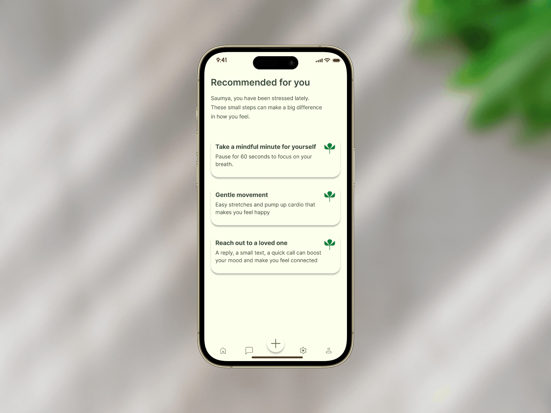 mental health AI app reccomendations screen design