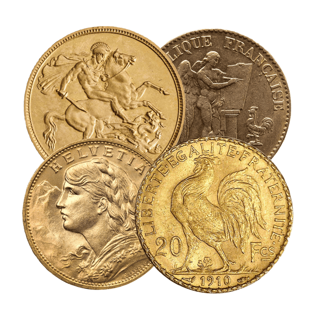 Vintage European gold coins including the Swiss Gold Helvetia and French Gold Rooster.