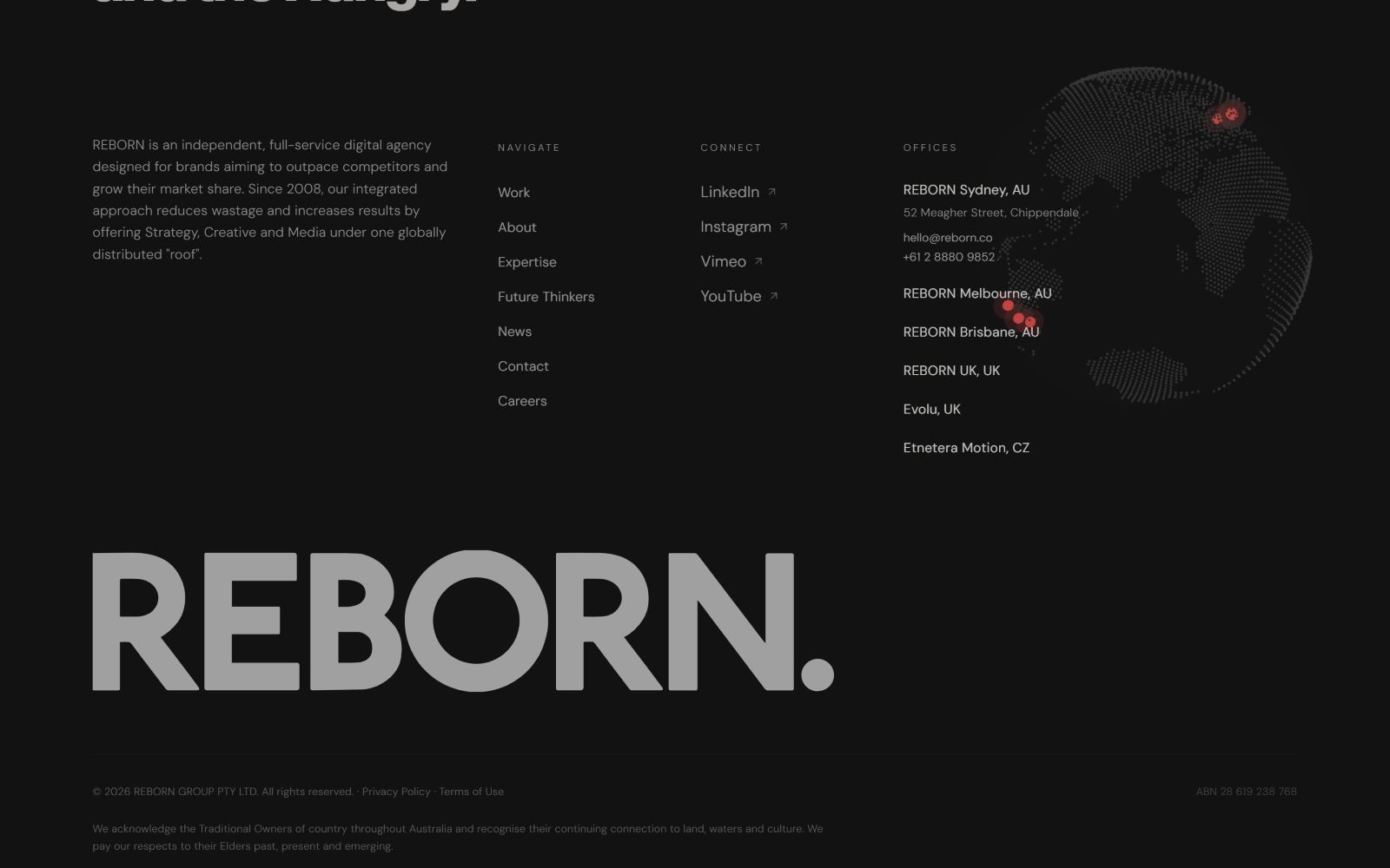 Bold text "REBORN." on dark background; contact and location info for REBORN offices listed alongside. Globe graphic on right.