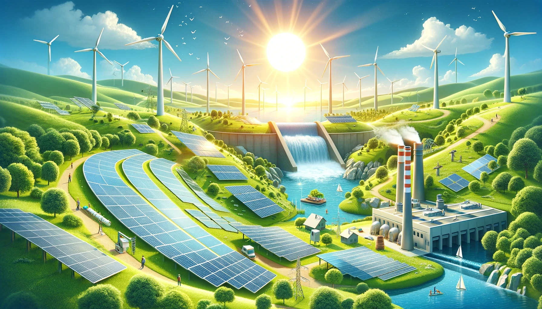 The image depicts an idealized, sustainable energy landscape, integrating various renewable energy sources harmoniously within a picturesque, natural environment. Key elements of the image include:  Solar Panels: The foreground features extensive arrays of solar panels spread across rolling green hills, capturing sunlight to generate electricity.  Wind Turbines: Numerous wind turbines are scattered throughout the landscape, harnessing wind energy. They are positioned on the hills and in the background, taking advantage of elevated areas for optimal wind exposure.  Hydropower Plant: A large hydroelectric dam is centrally located, with water flowing over it, generating hydroelectric power. This dam is connected to a waterway that continues into the landscape, indicating an integrated water management system.  Mixed Land Use: The landscape integrates solar panels, wind turbines, and green spaces seamlessly, suggesting a thoughtful and efficient use of land for multiple purposes, including energy production and recreation.  Industrial and Residential Areas: The image includes small buildings and structures, likely representing homes and facilities related to the energy production systems. These structures blend well with the surrounding greenery.  Pathways and People: Walking paths wind through the landscape, with people walking and working around the solar panels and turbines, indicating human involvement and accessibility.  Water Activities: The waterway features boats and small watercraft, suggesting that the area is also used for recreational purposes.  Sunny Weather: The bright sun and clear skies indicate optimal conditions for solar power generation, while also creating a vibrant and positive atmosphere.  Transmission Infrastructure: Power lines and small transmission towers are visible, indicating the connection of generated power to the grid for distribution.  Natural Flora and Fauna: The lush greenery and the presence of birds in the sky contribute to the image's overall sense of harmony between technology and nature.  Overall, the image portrays a utopian vision of a sustainable energy future, where solar, wind, and hydroelectric power coexist efficiently within a beautiful and well-maintained natural environment.