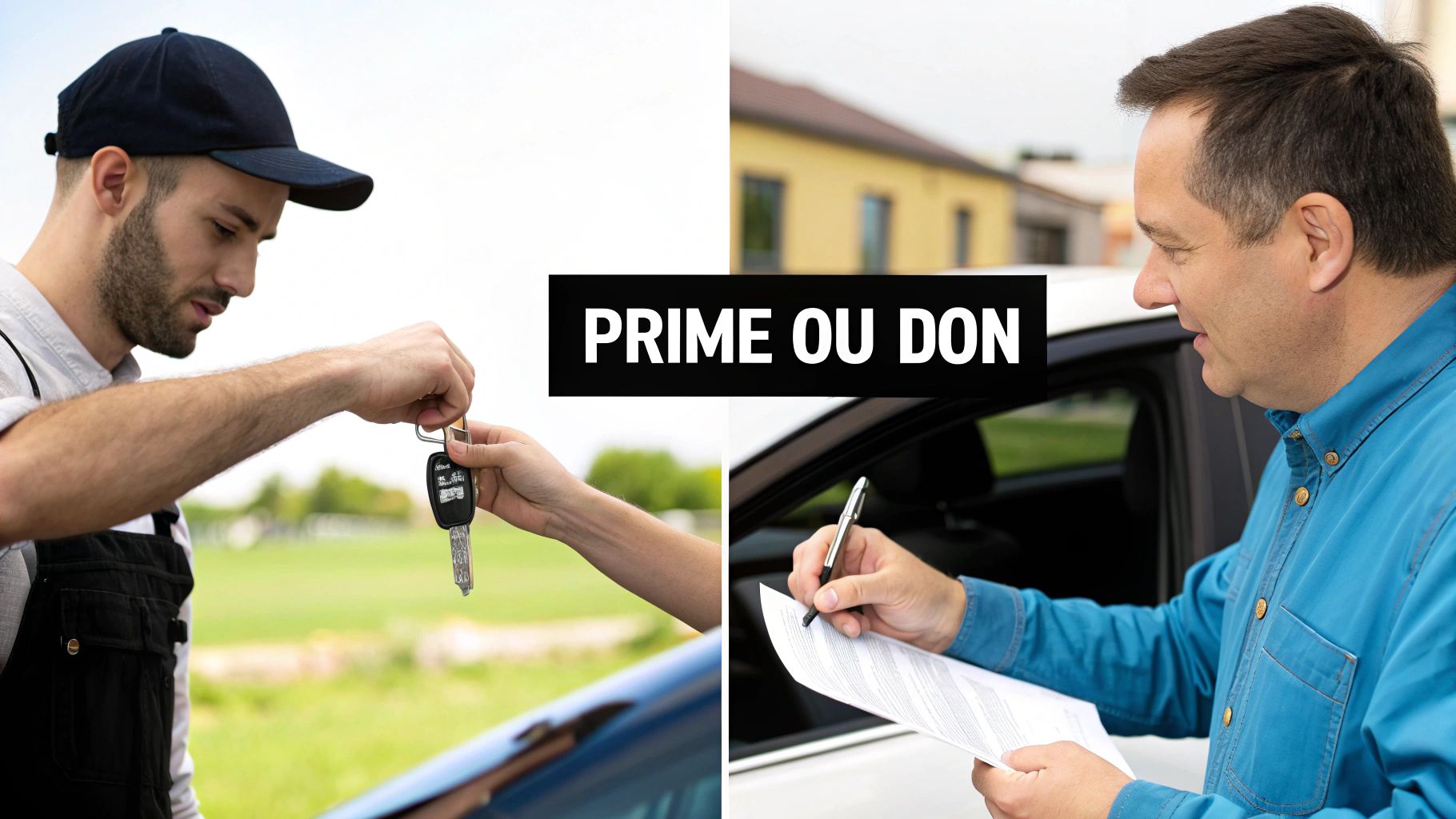 Un homme remet des clés de voiture tandis qu'un autre signe un document, avec le texte