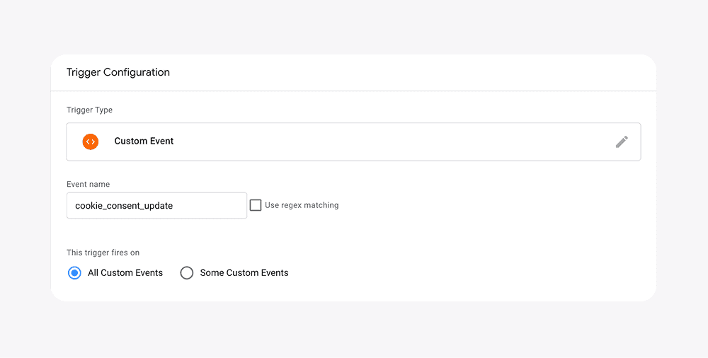GTM Custom Event trigger configuration for the cookie_consent_update event sent by the Framer cookie banner.