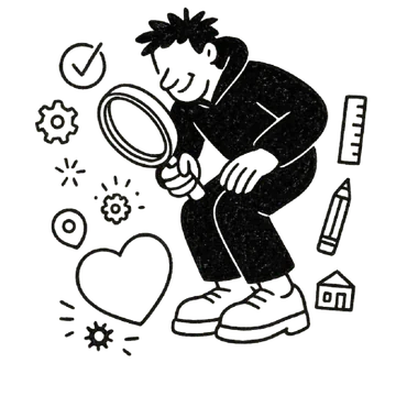 Illustration: Person mit Lupe sucht konzentriert, umgeben von Zahnrad- und Werkzeugsymbolen
