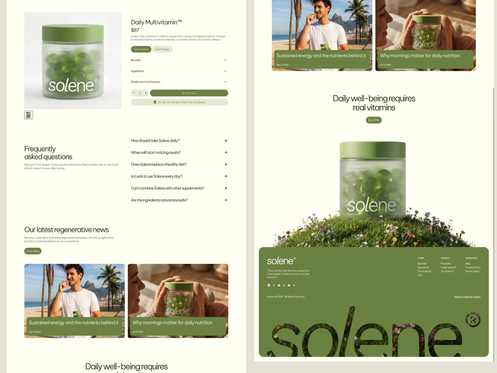 "Vitamin jar with green lid and text 'Solene' on a nature-themed webpage."