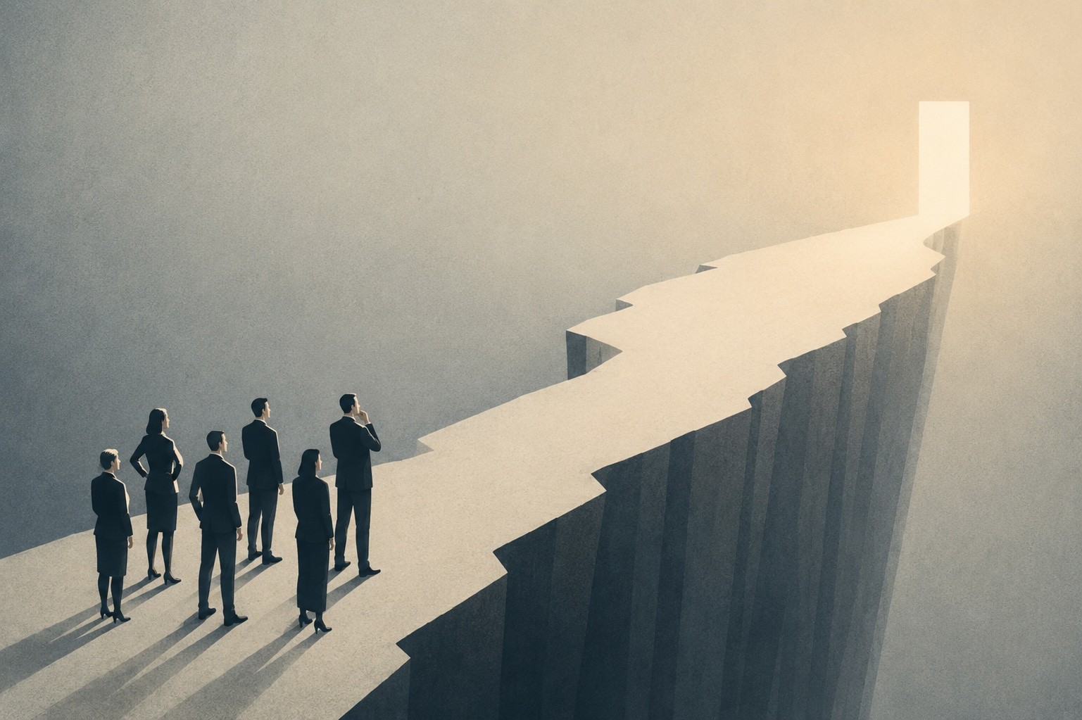 Executives standing on the edge of a cliff, illustrating why safe AI use cases fail