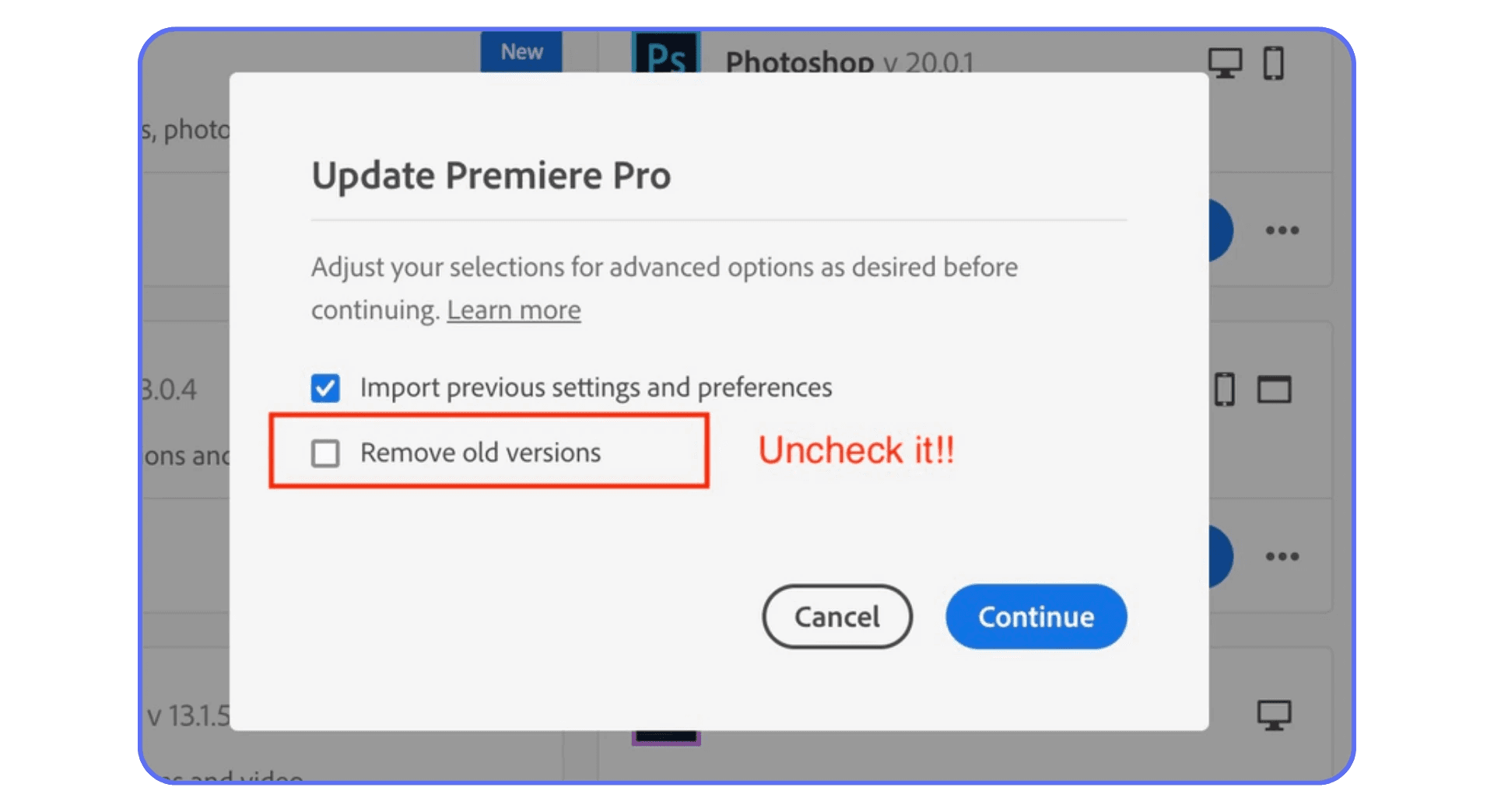 Premiere Pro update screen highlighting the option to keep old versions during software update