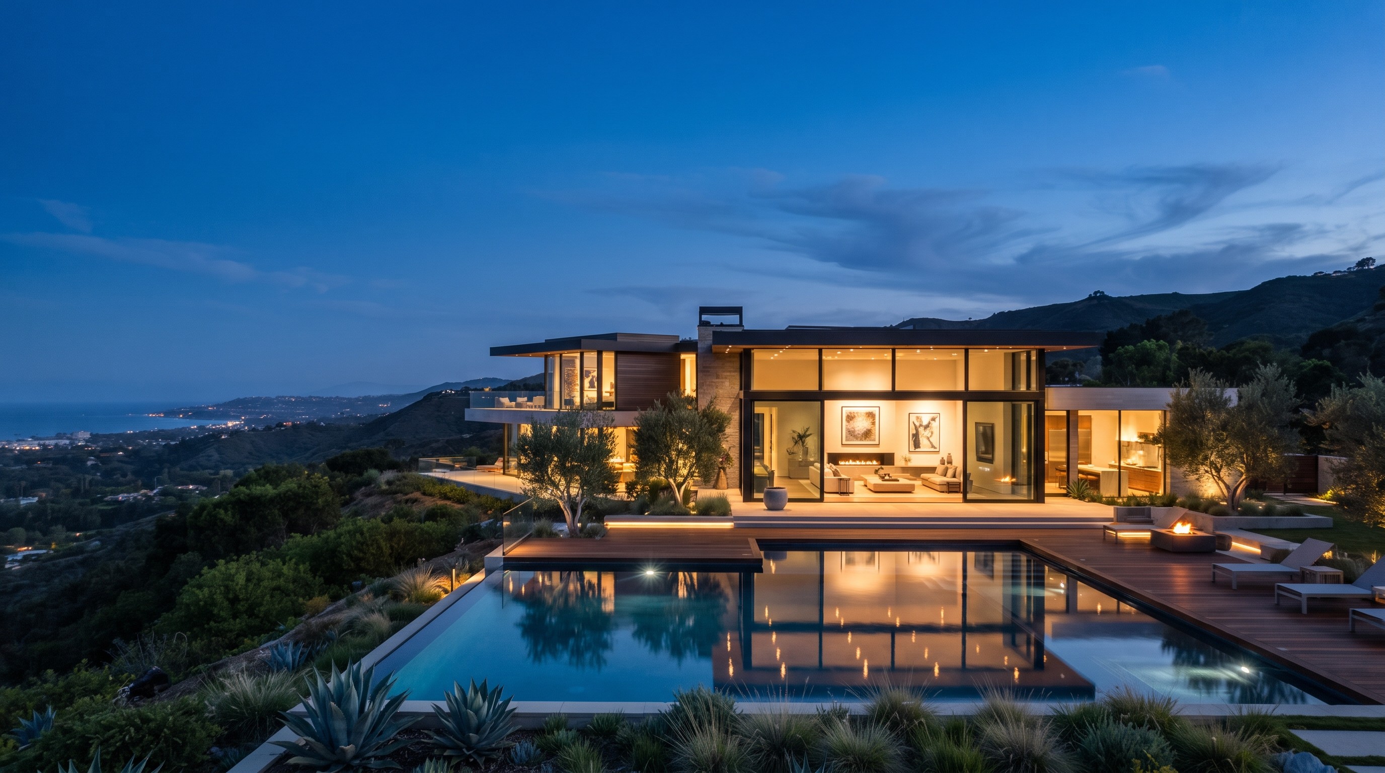 A glass pavilion at twilight