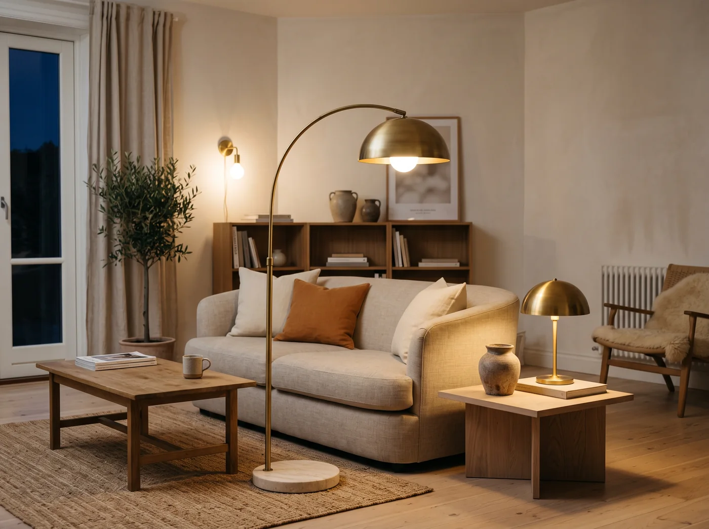 An evening living room with a brass lamp and a linen sofa
