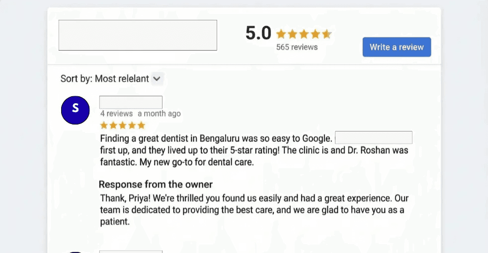 Orion Dental Studio Google Reviews section showing 5.0 star rating from 565 reviews with positive patient testimonials and professional owner responses demonstrating effective reputation management and local trust building