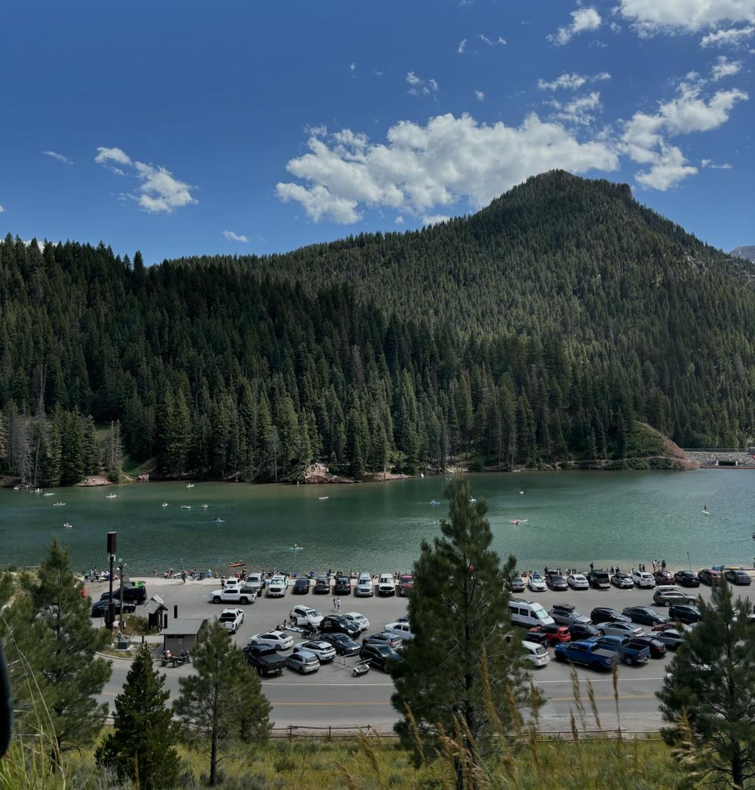 a reservoir in front of a mountain