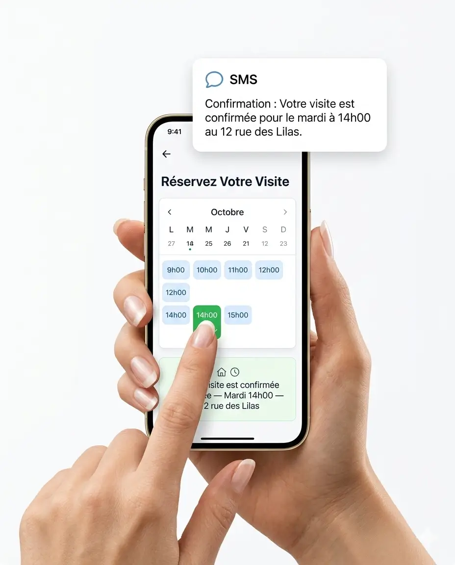 Interface de prise de rendez-vous en ligne pour visite immobilière avec confirmation automatique par SMS