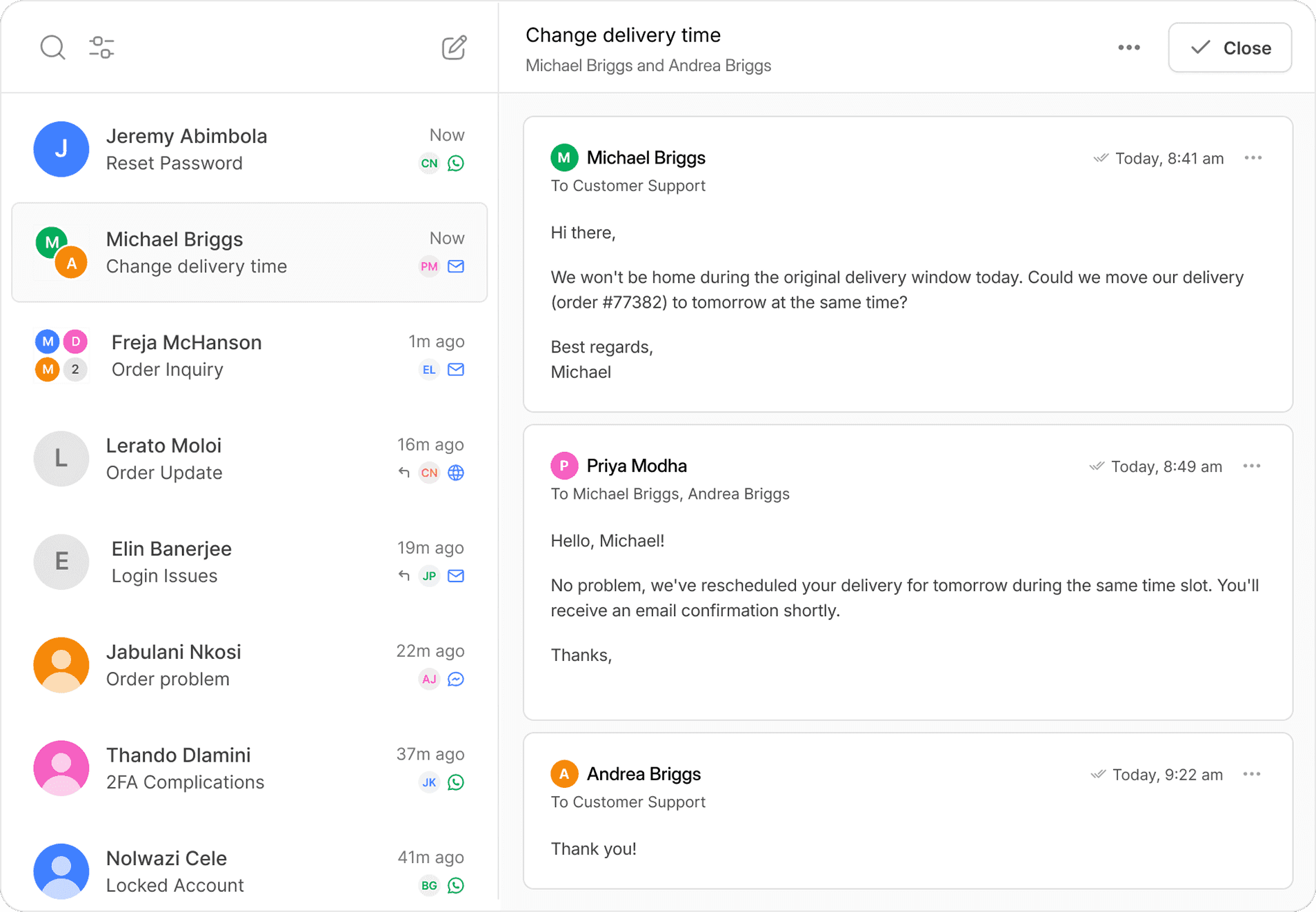 The Cue shared inbox with a customer’s email thread about changing a delivery open beside the conversation list, showing email and WhatsApp conversations in the same queue