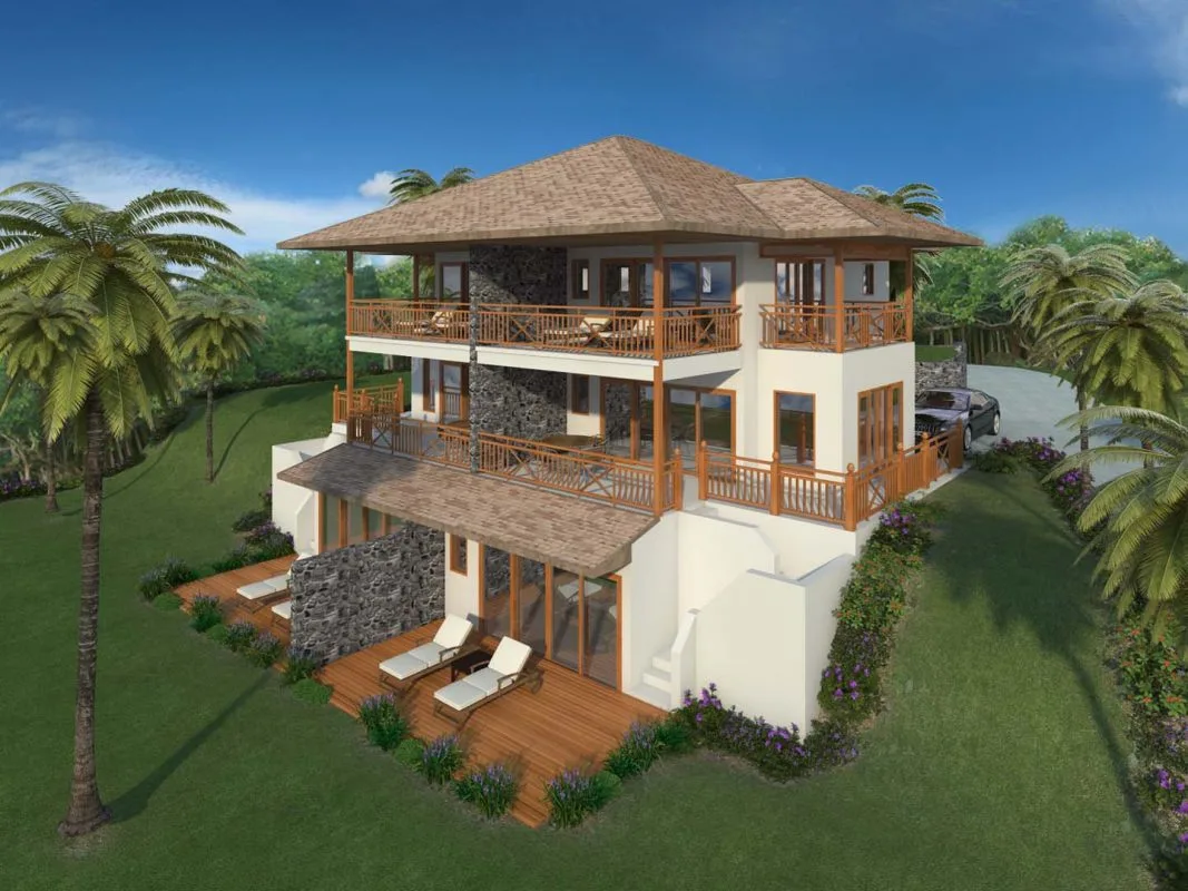 3D rendering of three-story hillside residence with wood decking and ocean views in Fiji Beach Grenadines