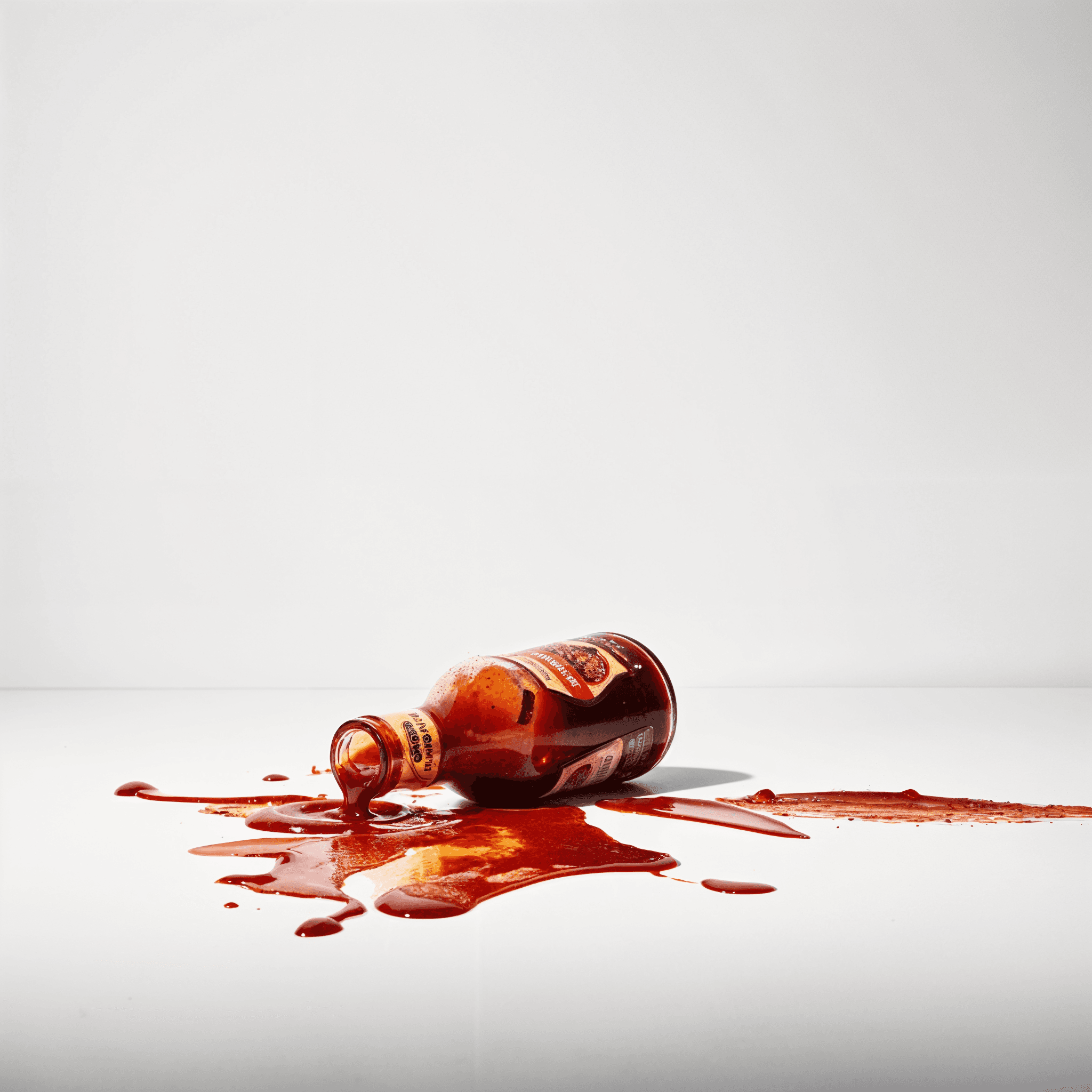 An image of a broken glass bottle of barbeque, spilled on a white floor.