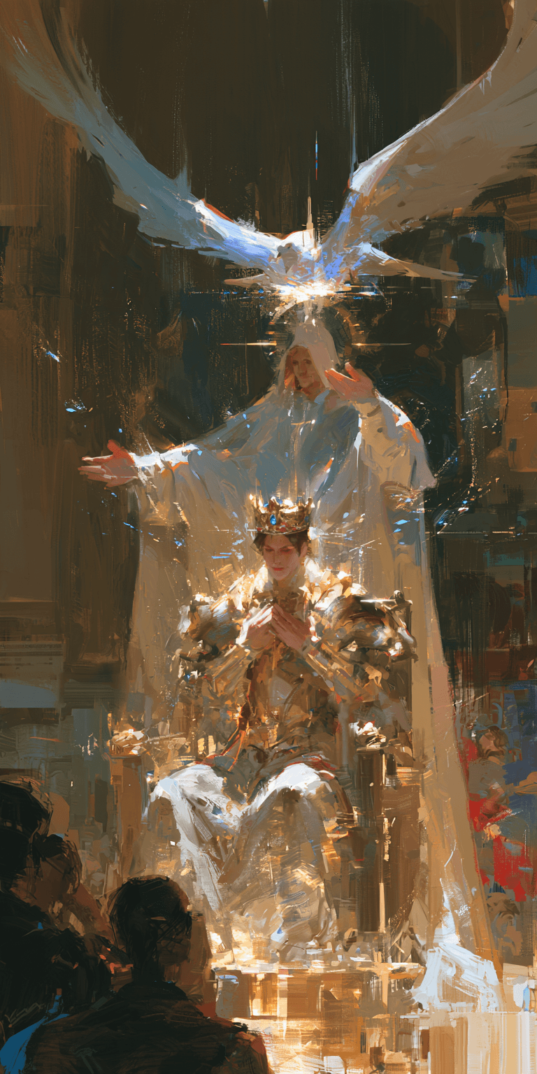 Robed figure crowning a king beneath a dove
