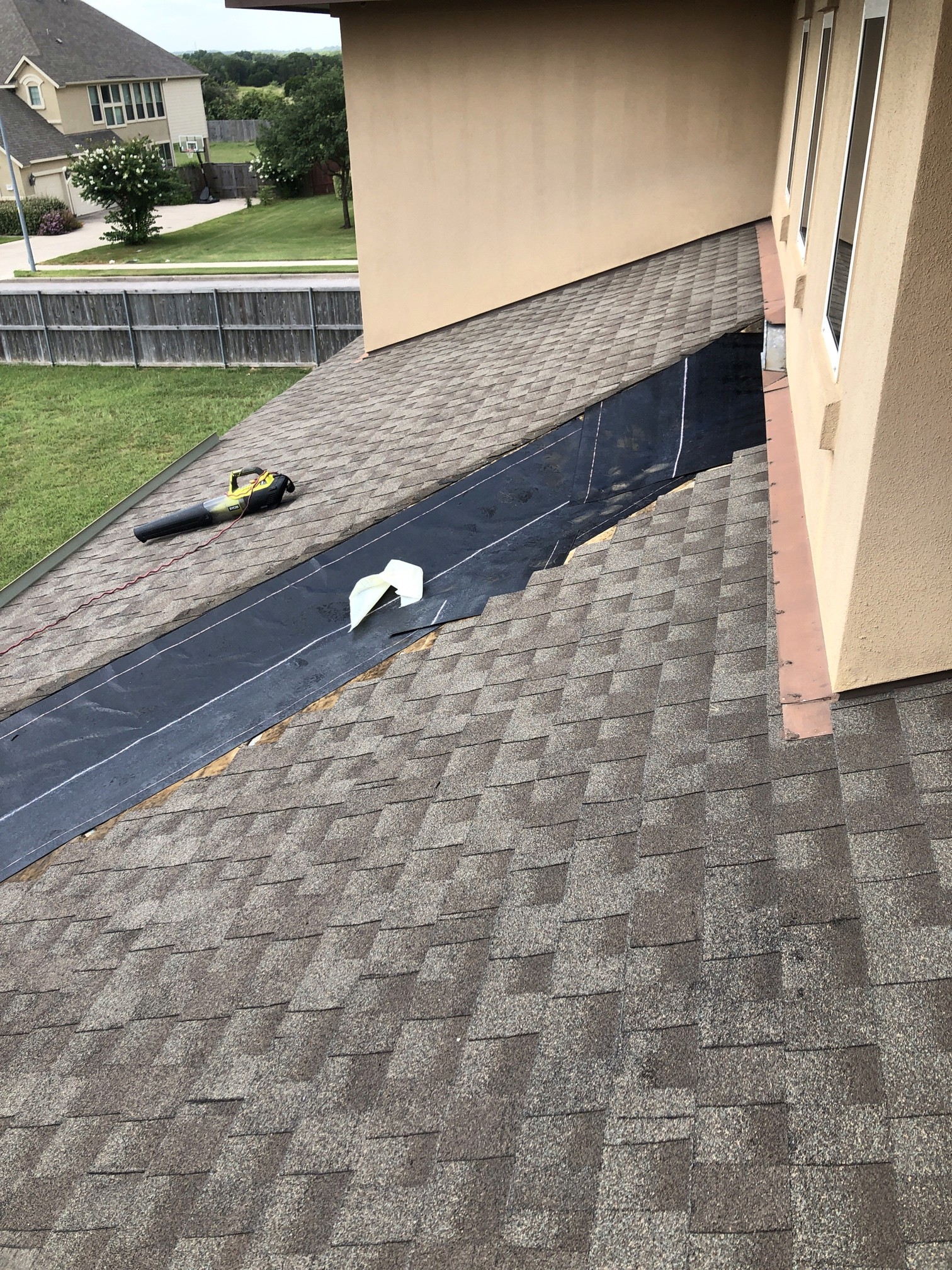 Leaking valley on a shingle roof. 