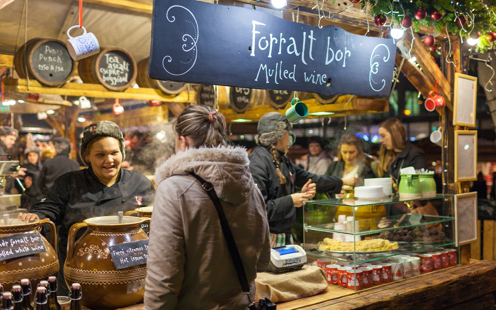 Mulled wine stall at a Christmas market during the Christmas Lights Tour.