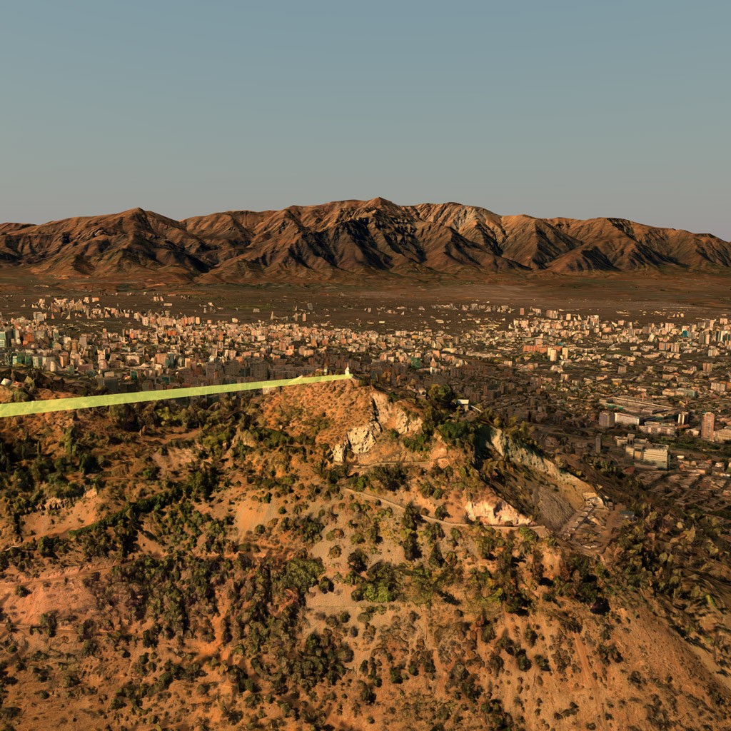 Shadowmap screenshot of Santiago with high-res 3D digital twin and sun vector enabled