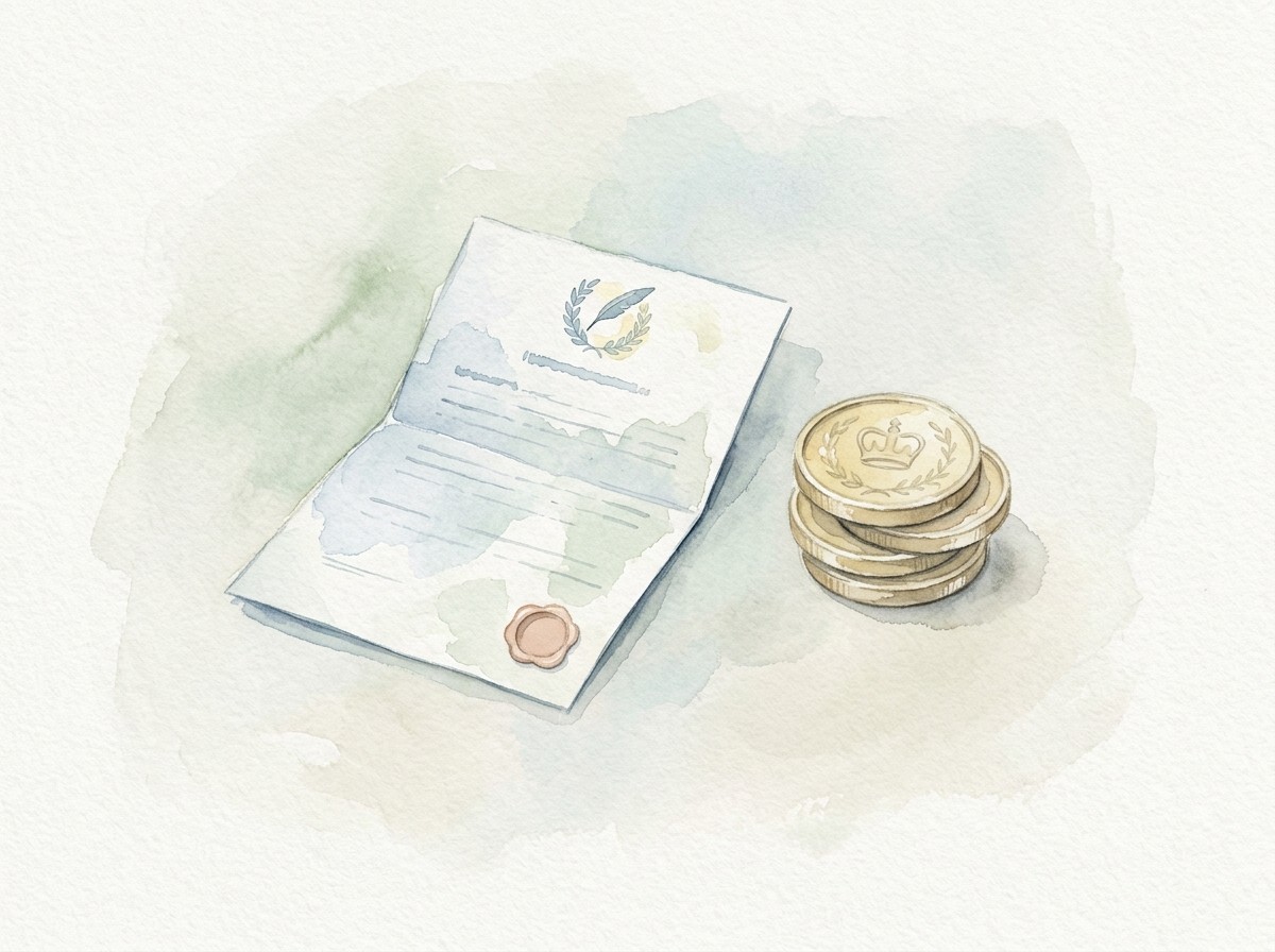Watercolour of a sealed notice beside a small stack of gold coins, suggesting the cost of publication.