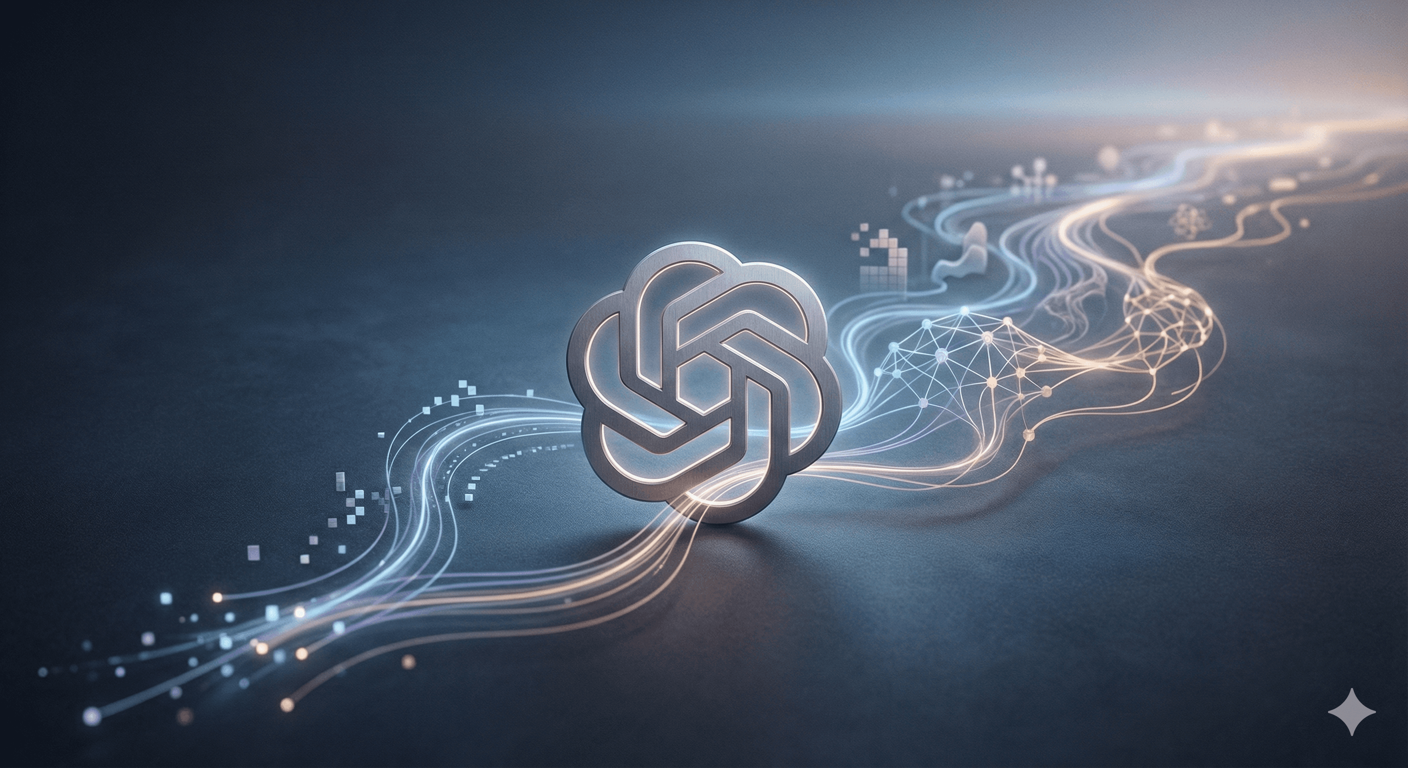 An intricate digital illustration showcases the ChatGPT logo, surrounded by flowing, interconnected lines symbolizing technology and artificial intelligence, celebrating a decade of innovation.