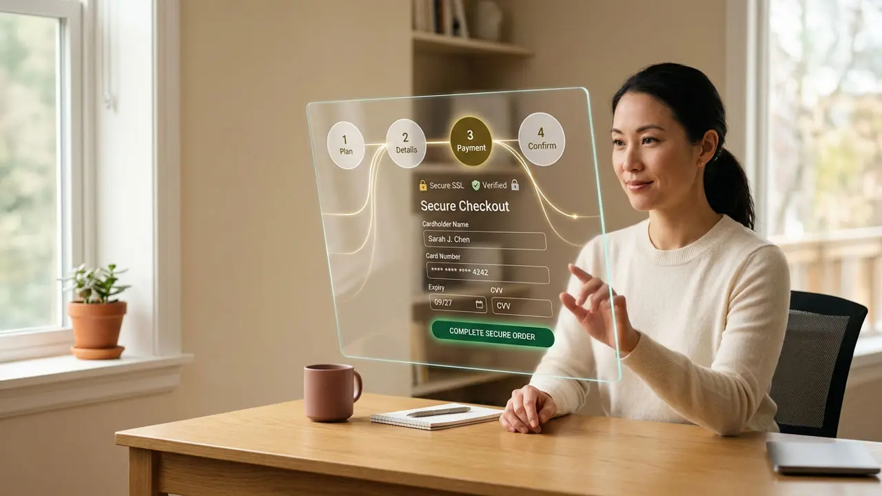 Interfaz de pago simplificada en un entorno limpio que representa un proceso de conversión sin fricción.