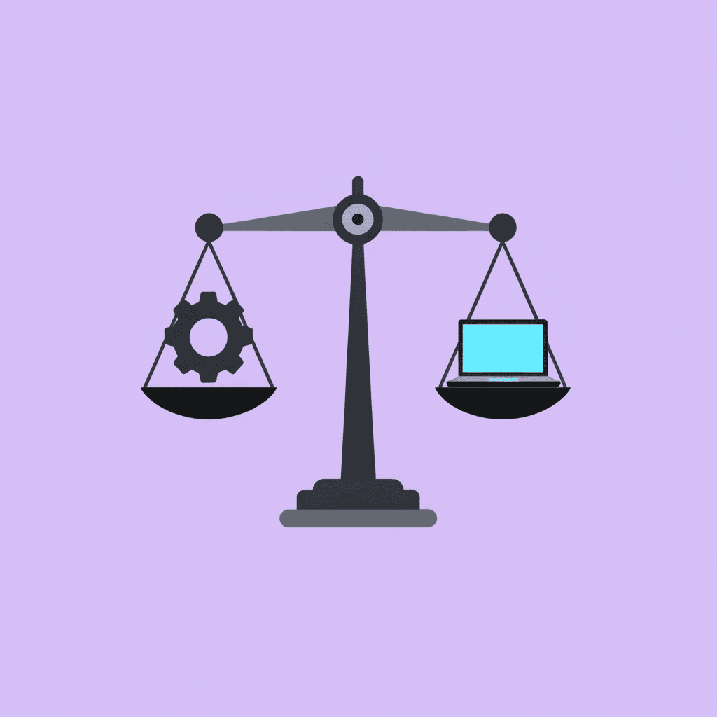 Balance scale comparing traditional approach (programming required, technical team, weeks to deploy) against no-code platforms (visual interface, business users, faster deployment)