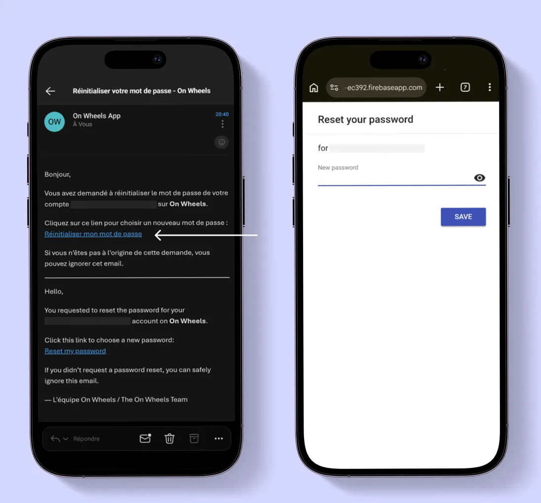 Email de réinitialisation On Wheels et page pour définir un nouveau mot de passe