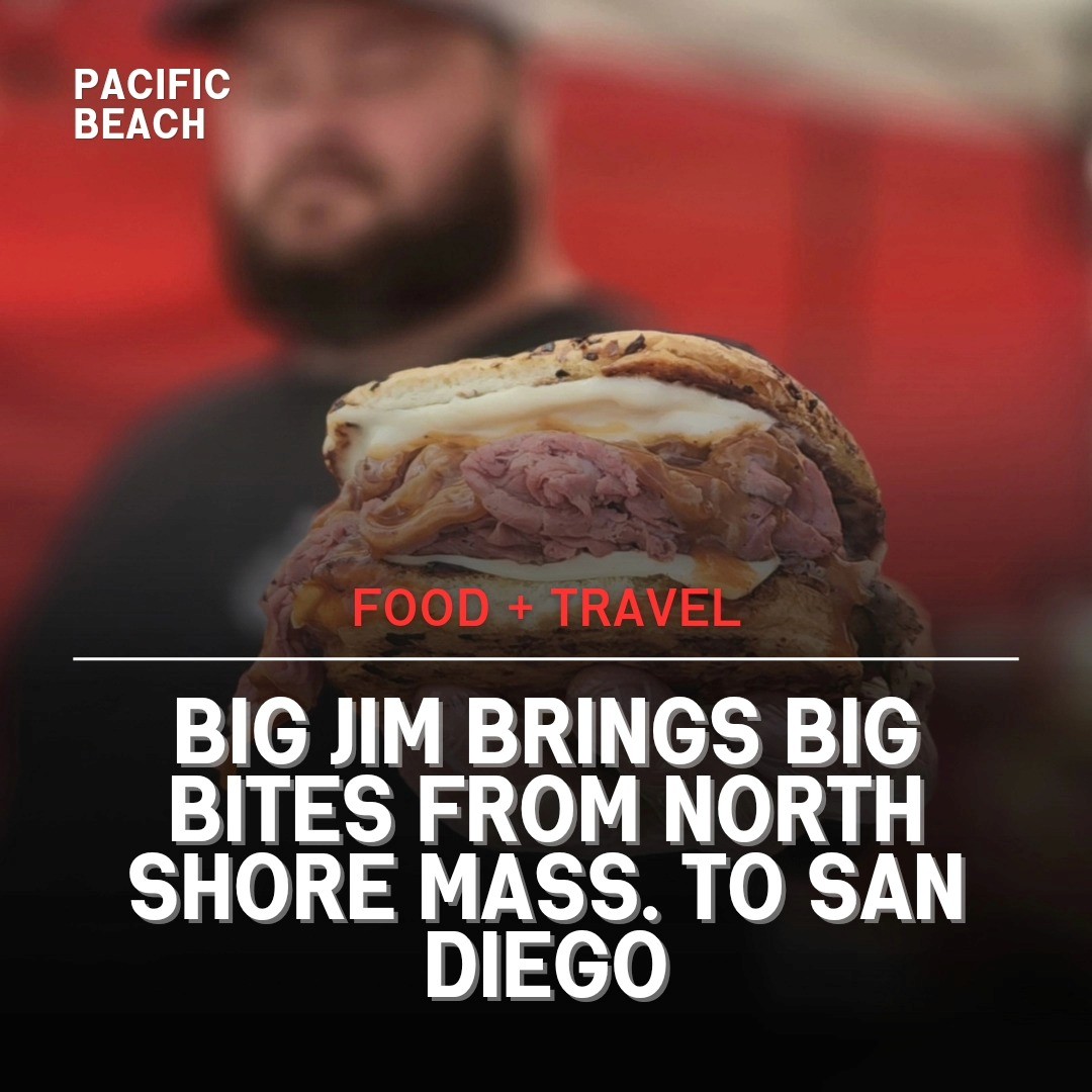 Blog creative of Big Jim holding out a sandwich underneath his Farmer's Market booth from years back, serving the best sandwiches in Pacific Beach, San Diego.