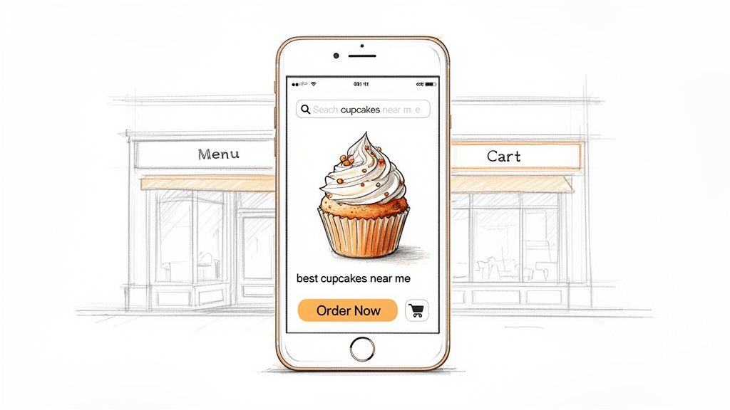 A smartphone displays a mobile app for ordering cupcakes, featuring a large cupcake image, search bar, and 'Order Now' button, against bakery sketches.