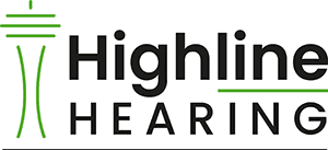 Logo of Highline Hearing, featuring text in bold and light green, with a Seattle skyline silhouette.