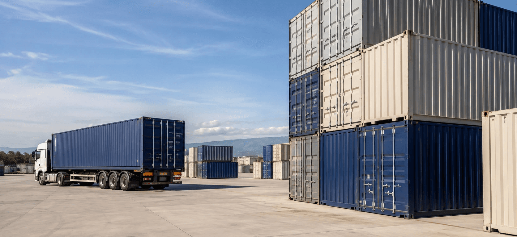 Reach stacker manipulando un contenedor marítimo apilado