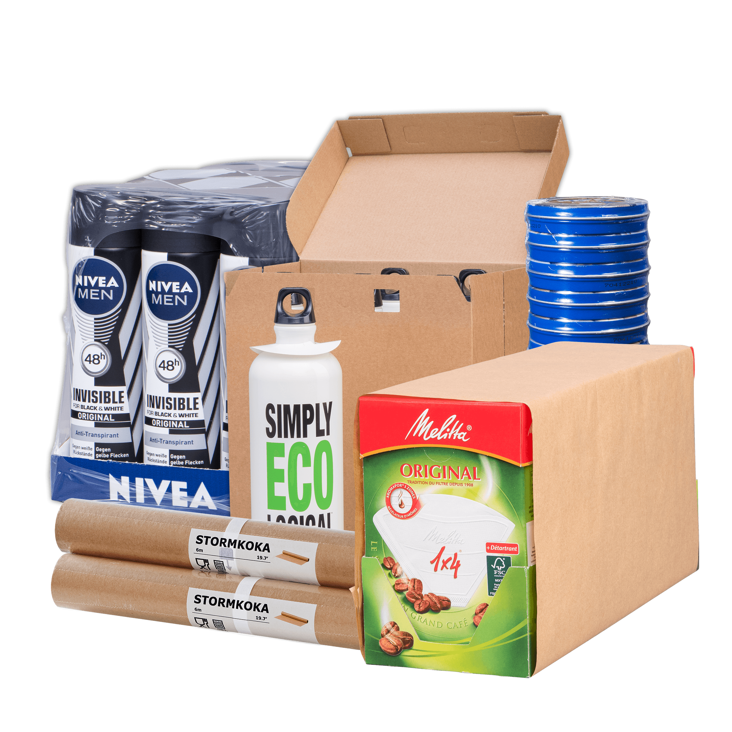 Produktpaket mit Nivea Deos, Kaffee, Stormkoka-Rollen und Verpackungen. 