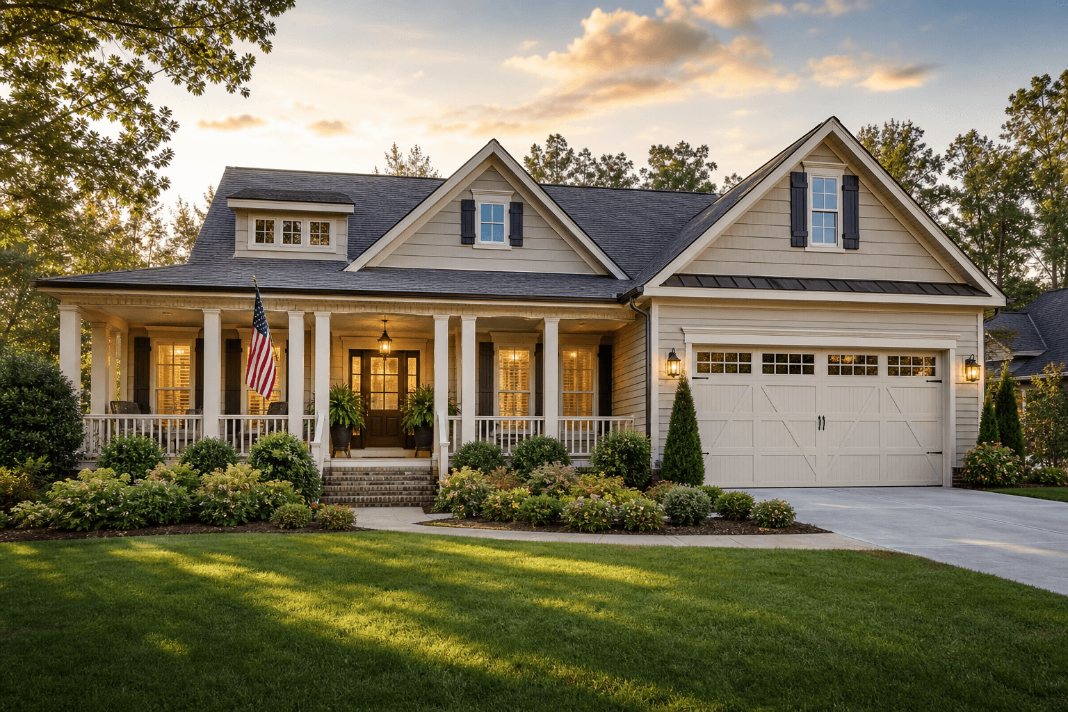 Custom home exterior in a military community near Fort Bragg with American flag