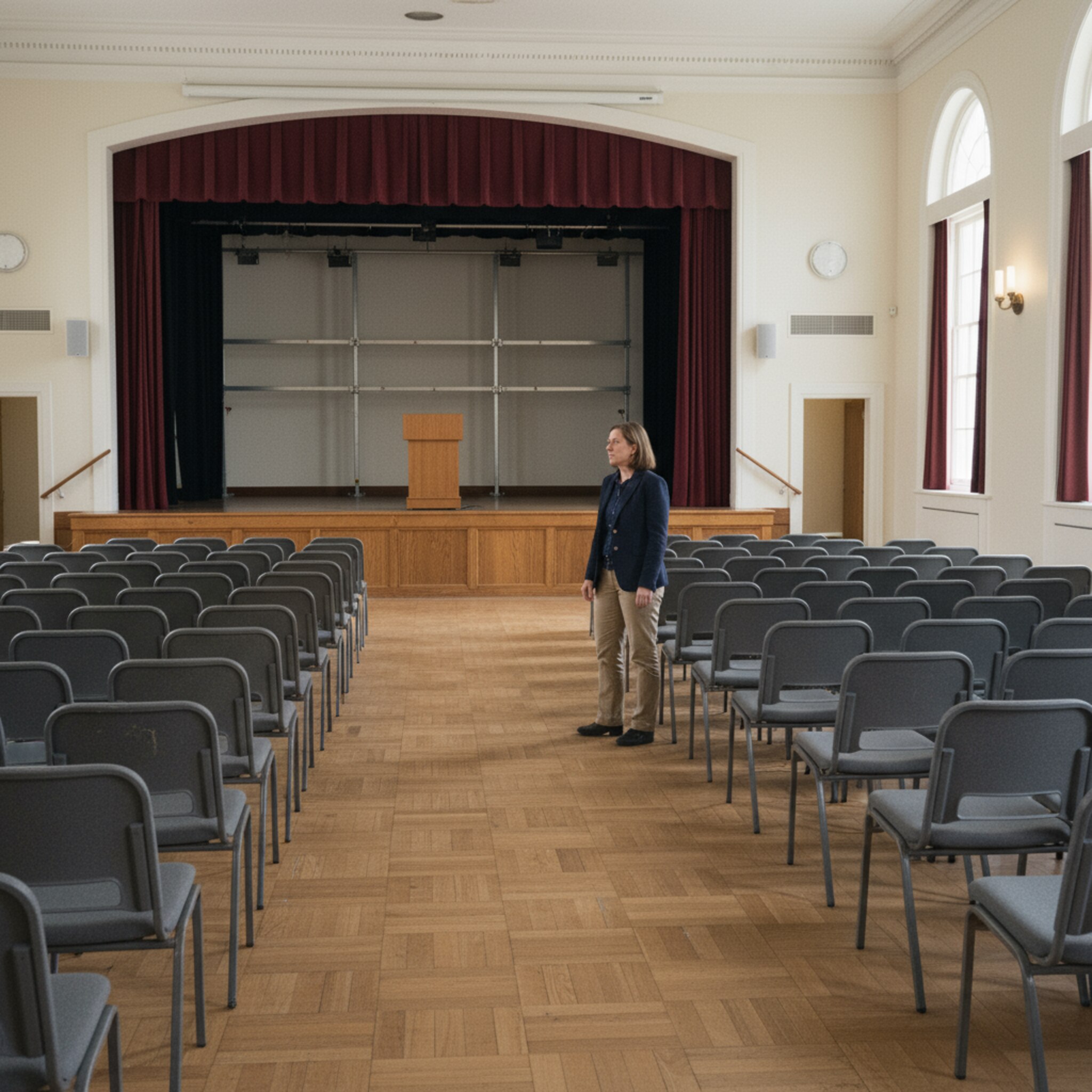 Eine Aula mit aufgestellten Stuhlreihen, die Bühne ist vorbereitet und der Vorhang halb geöffnet. Ein Podest mit Rednerpult steht bereit, die Seitenbereiche sind frei gehalten. Alles ist sichtbar für die nächste Nutzung gerüstet.