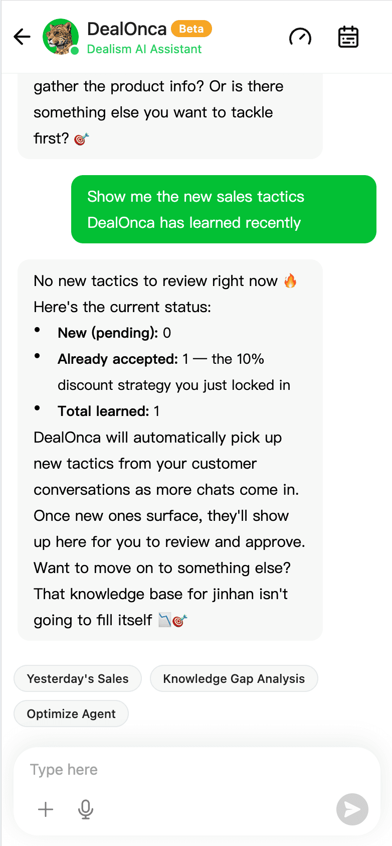 DealOnca mobile page showing recently learned sales tactics and their review status