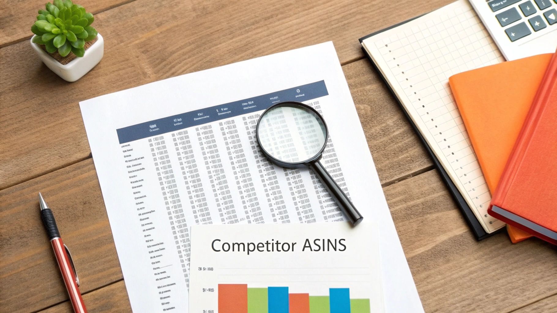 Top view of a desk with a Competitor ASINS report, magnifying glass, pen, and office supplies.