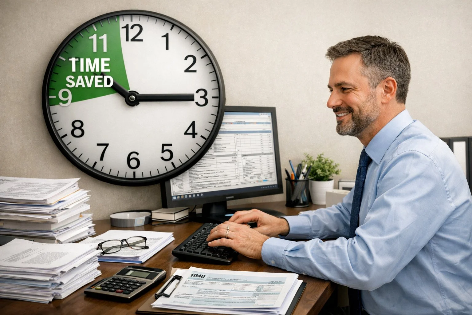 Clock showing time saved as a tax professional works efficiently at a computer, surrounded by organized documents.