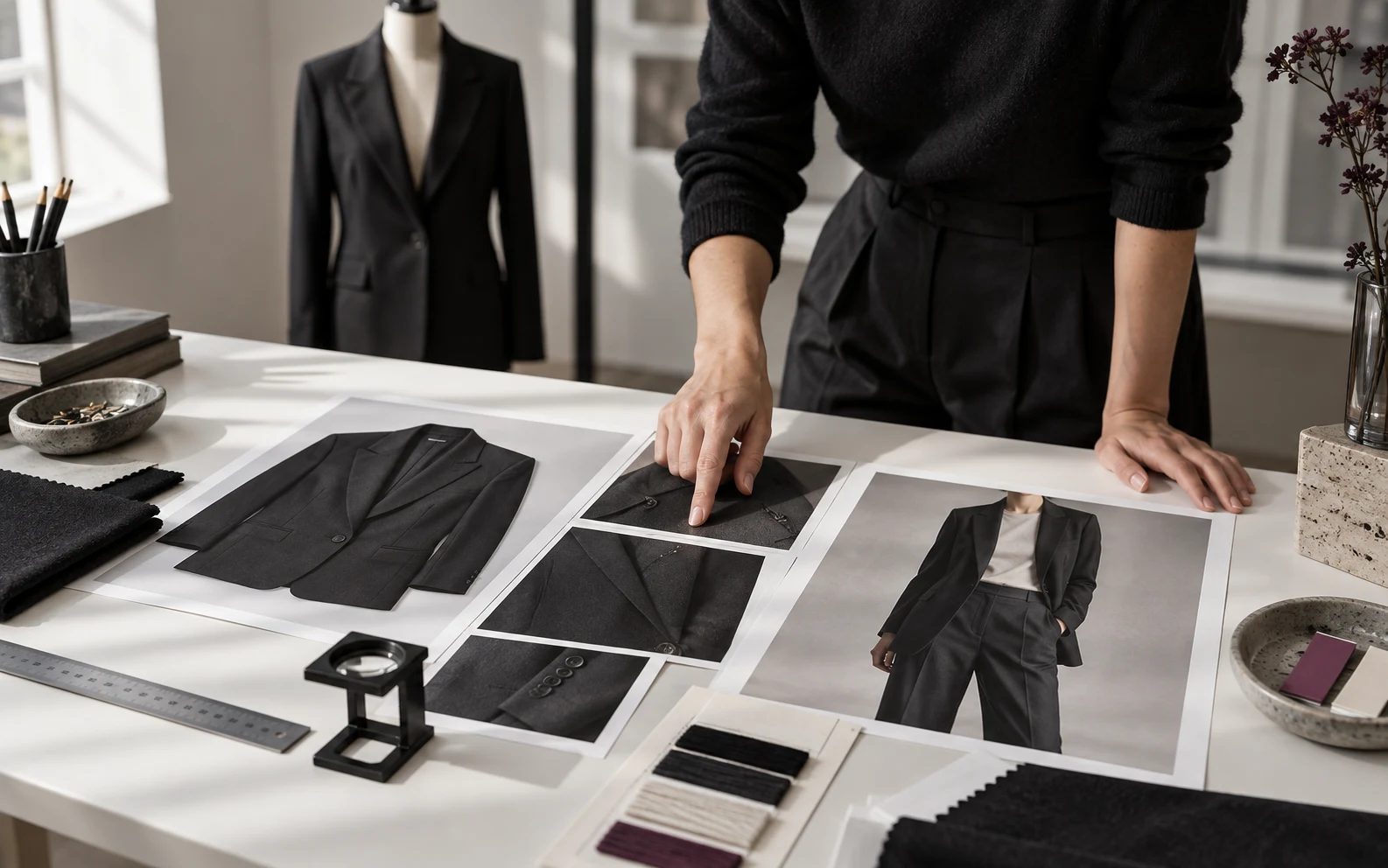 Adult creative reviewer points to black blazer construction details on an unlabeled contact-sheet desk