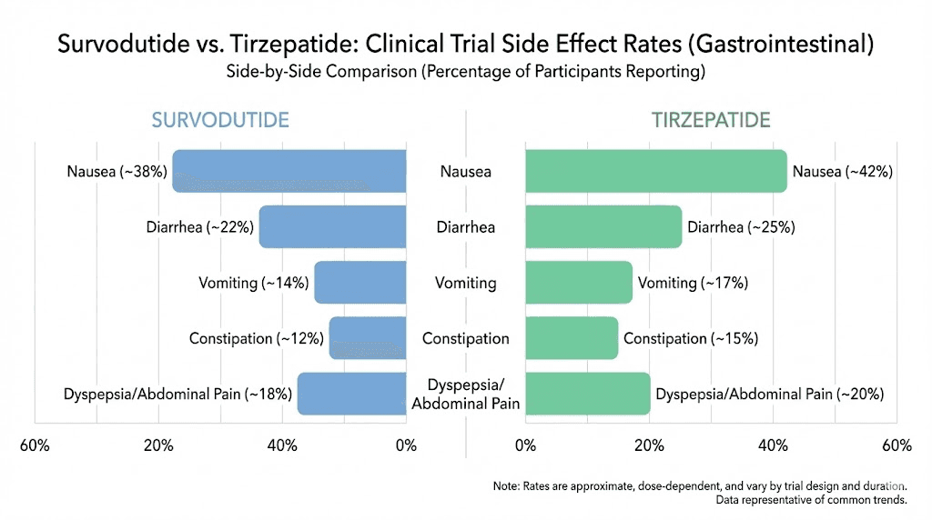 Survodutide vs tirzepatide side effects comparison chart showing nausea vomiting and discontinuation rates
