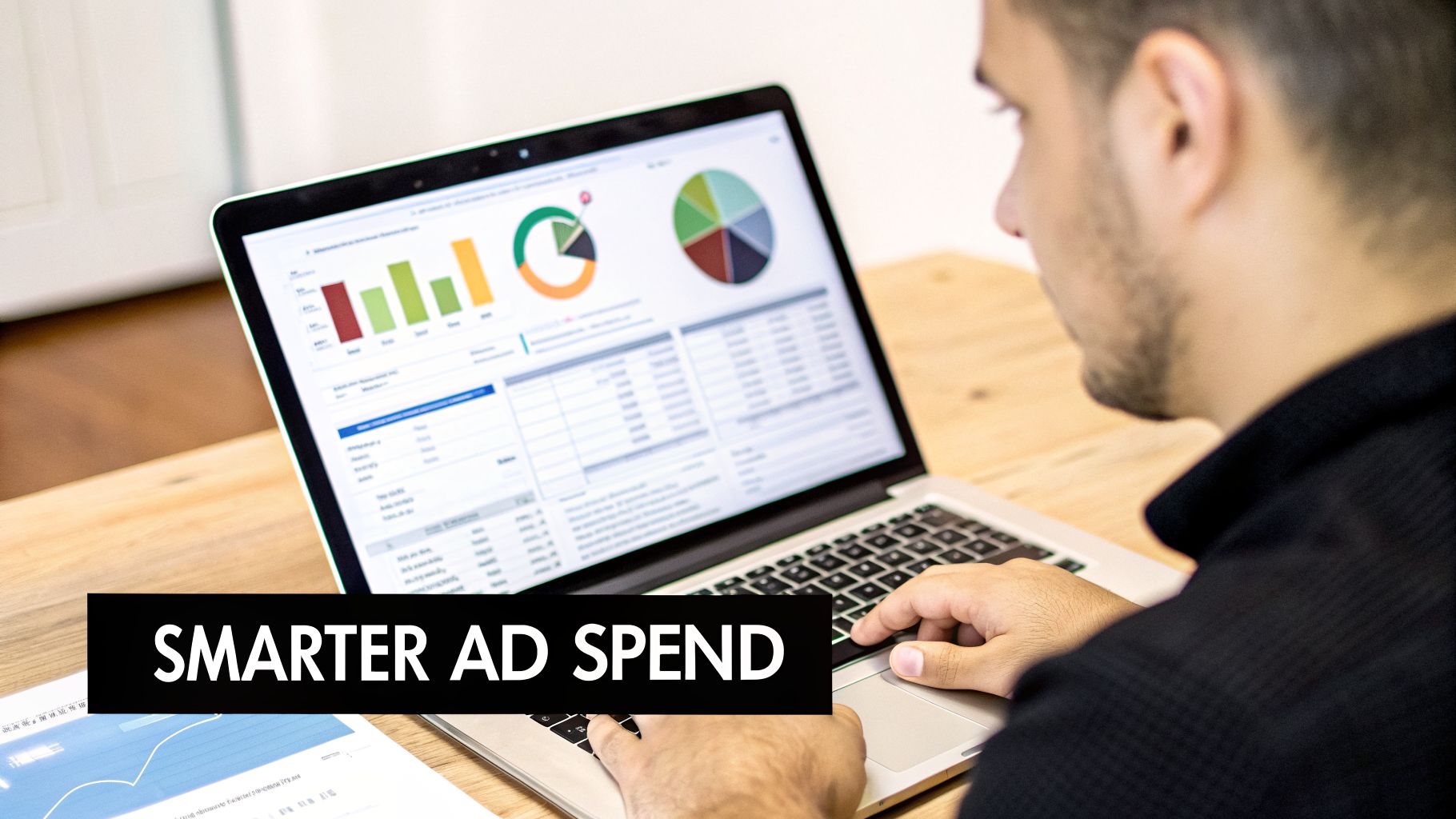 A man analyzes marketing data and charts on a laptop, optimizing for smarter ad spend.