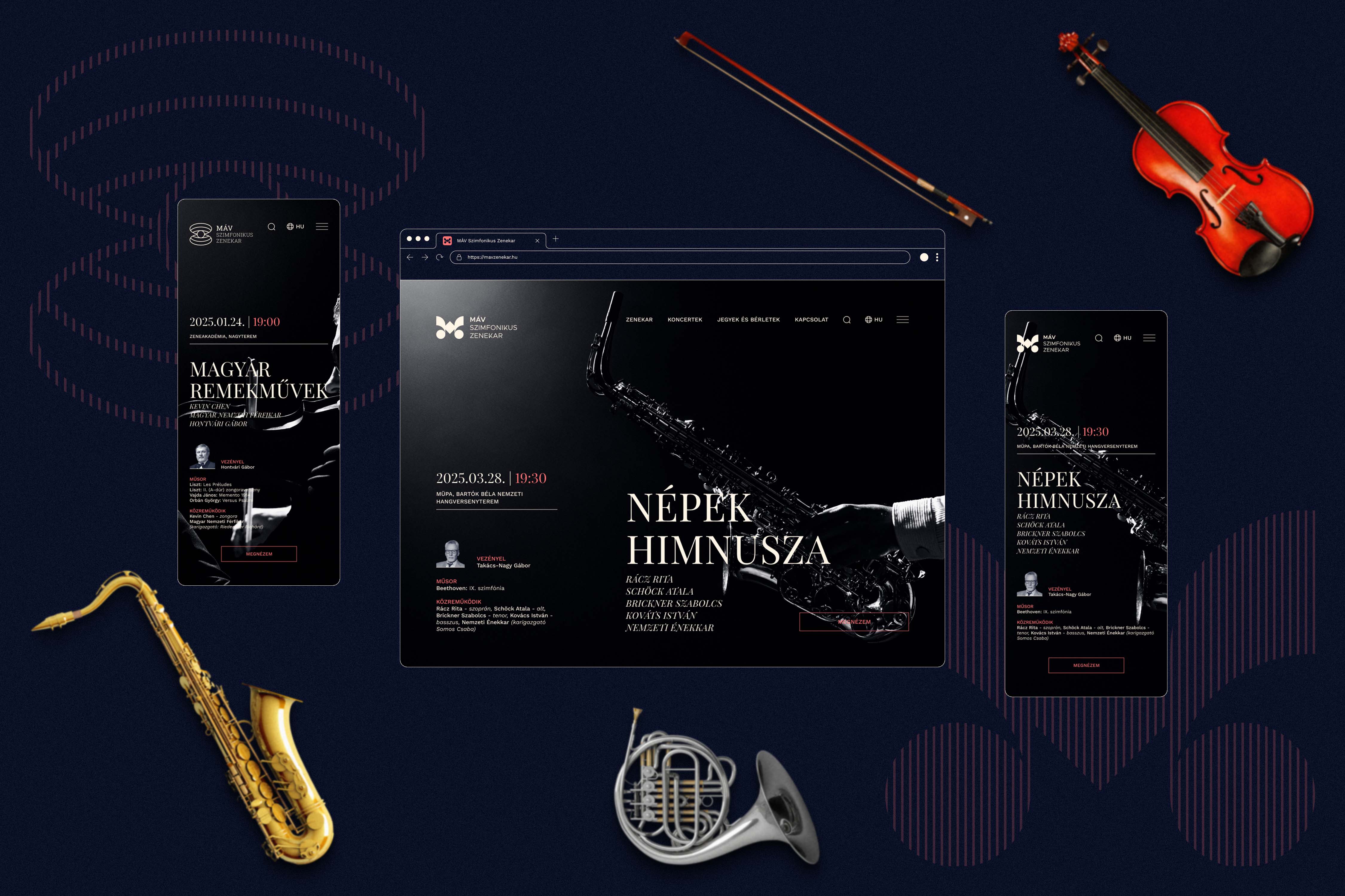 Dark blue composition showing desktop and mobile website mockups with orchestral instruments around them - MÁV Symphony Orchestra, a symphony orchestra brand identity.
