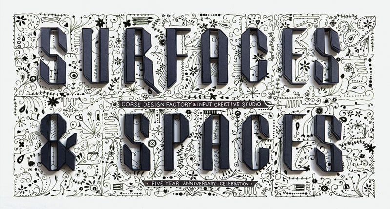 A white poster with artistic sketches and the text: Surfaces & Spaces.