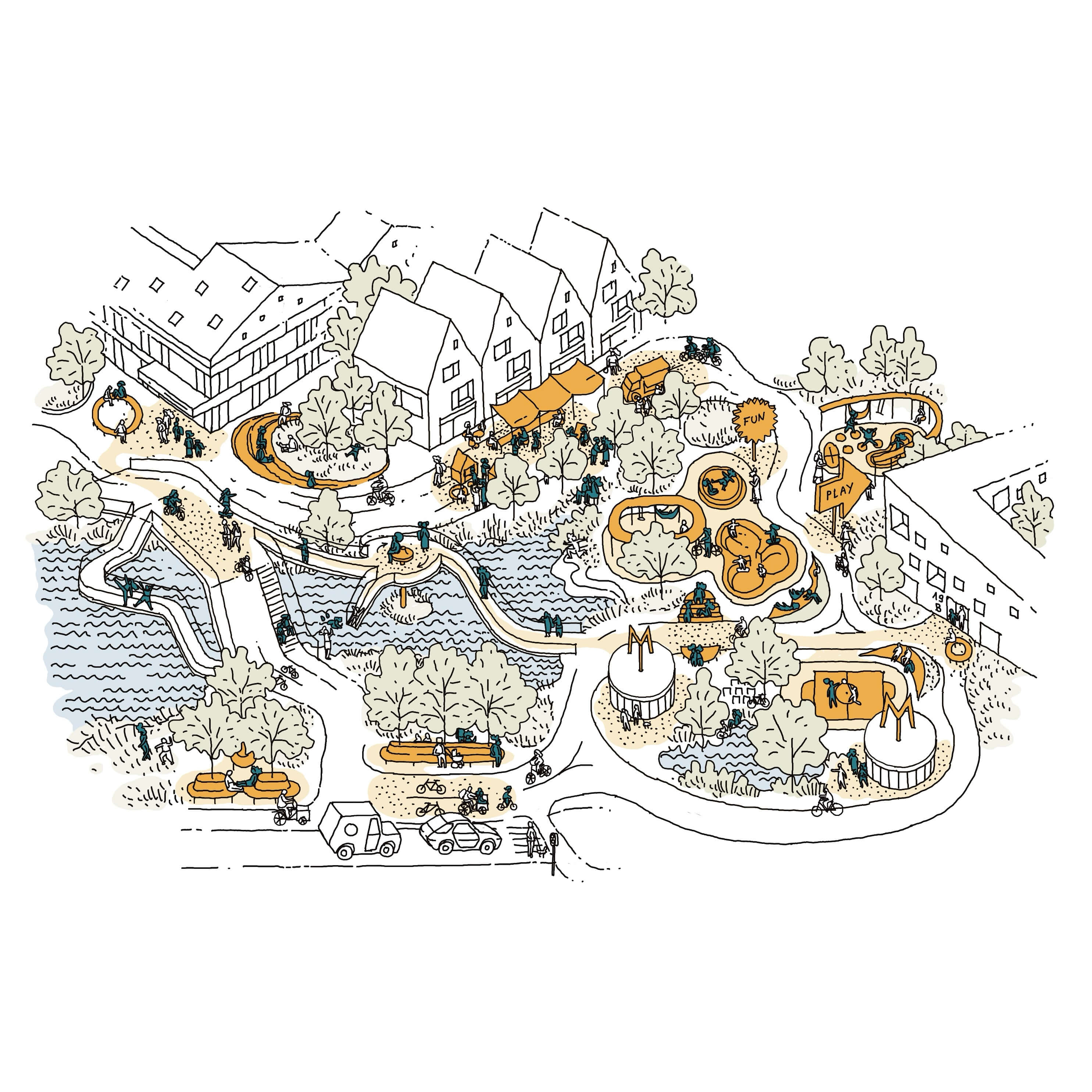 Colorful, whimsical illustration featuring various fantastical creatures in a playful setting.