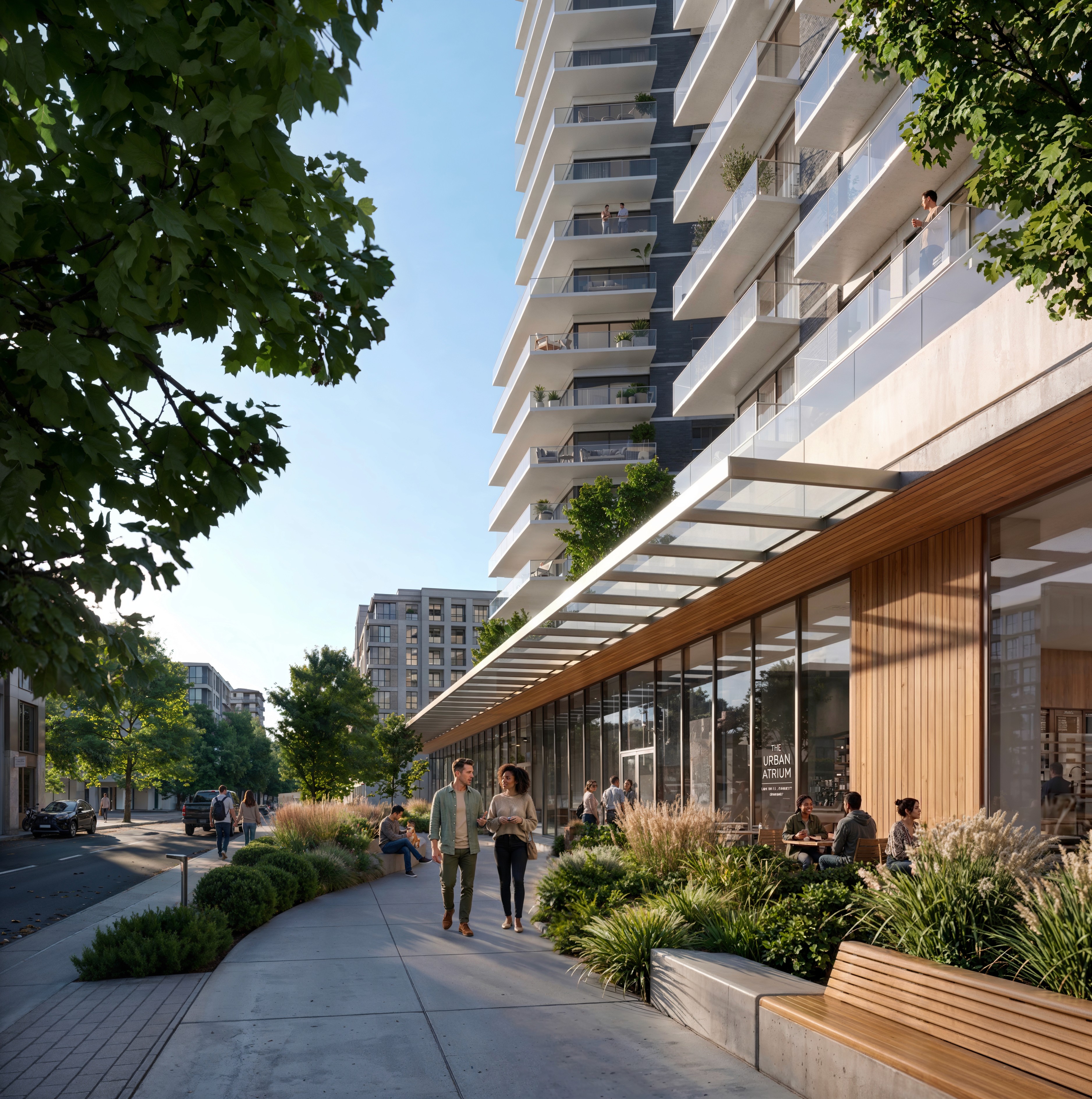 Architectural visualization of Harbourline Residences, Vancouver, Canada — street-level view of the residential tower entrance with a glass canopy, street cafe, and landscaped pedestrian pathway, visual by Aura - Architectural Visualization Studio