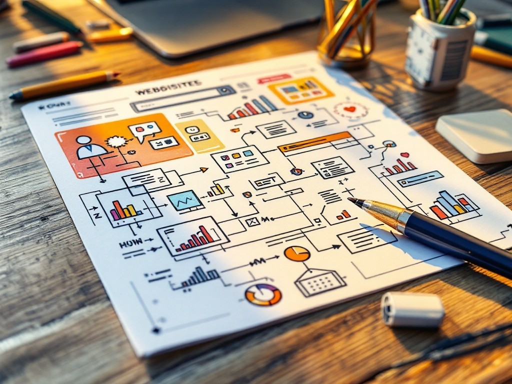 Website planning diagram on a wooden desk