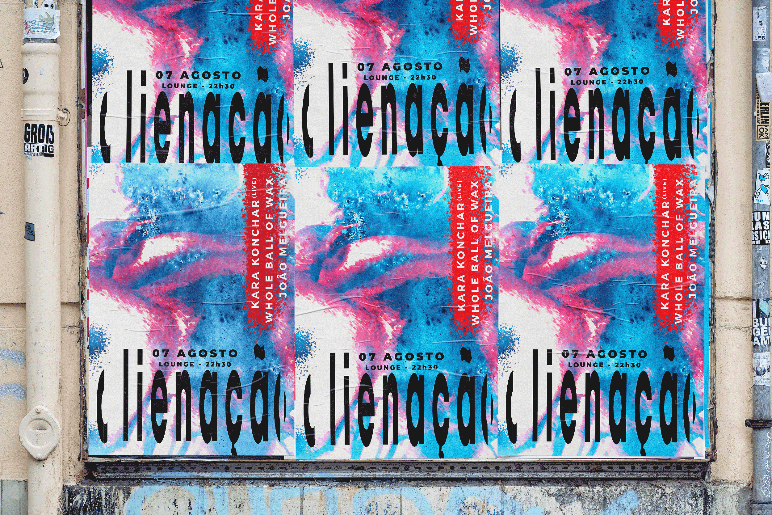 Contemporary poster design for “Alienação” electronic music event with experimental typography and abstract colour composition.