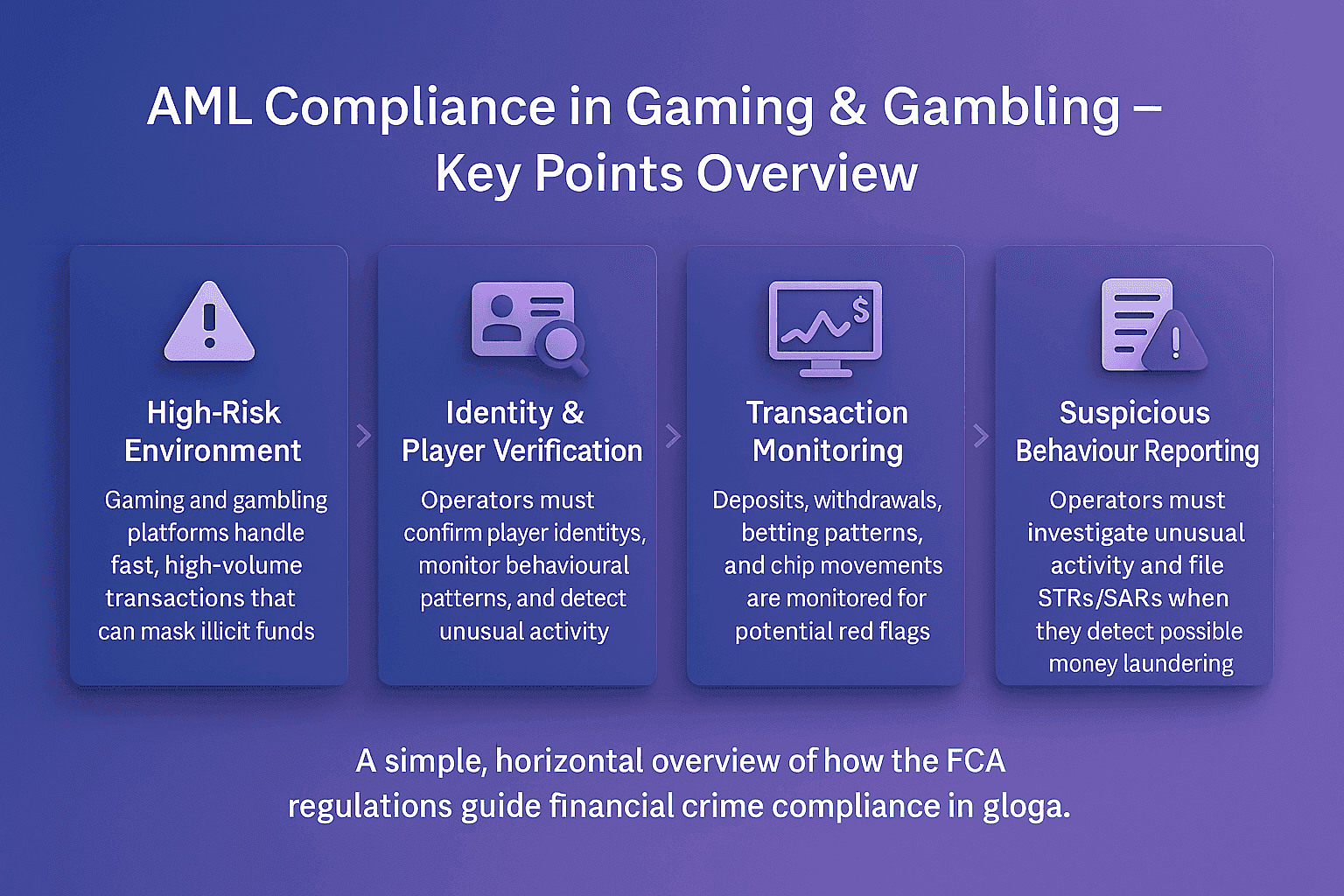 AML compliance in gaming and gambling flowchart showing high-risk environments, identity and player verification, transaction monitoring, and suspicious behaviour reporting to detect potential money laundering.