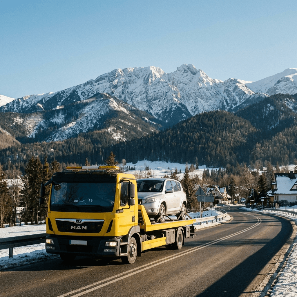 droga do Zakopanego zimą z widokiem na Tatry i Giewont